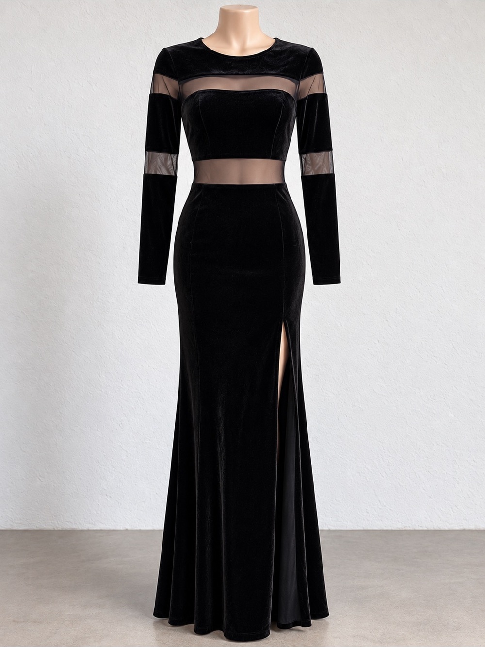 Betsy & Adam | Black Velvet & Mesh Panel Maxi Dress Size 6 Gothic 90s Glam